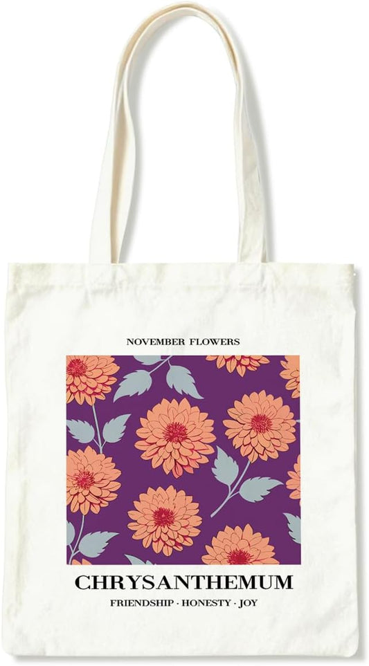 Flower Canvas Tote Bag, November Chrysanthemum Reusable Shoulder Bags, Christmas Gifts to Sister and Friends, Holiday Gift Bags for Wrap Storage, Casual Canvas Totes for Work Traveling