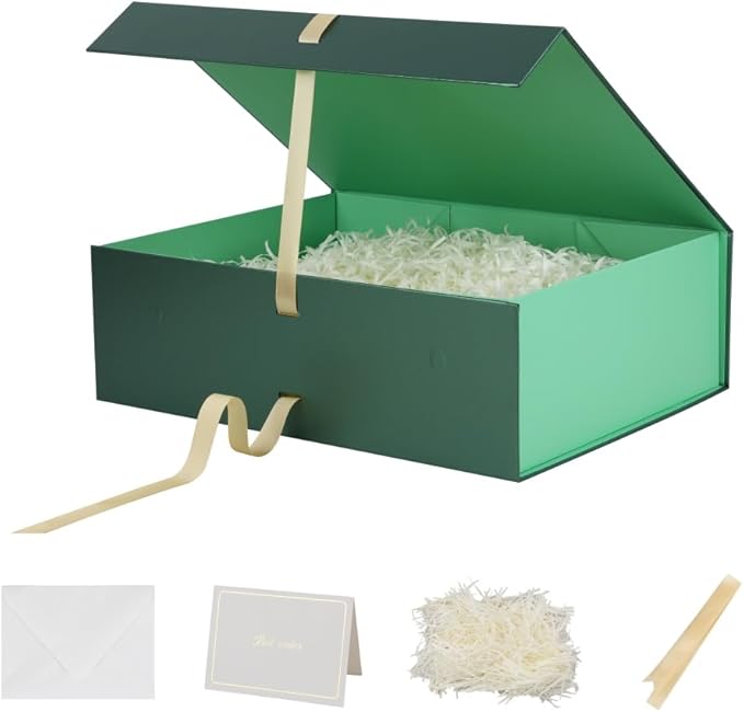 BoxSkivra Large Green Gift Box with Ribbon 1 Pack 16.5X13X5.3 Inch Extra Large Magnetic Gift Box with Lid Magnetic Closure Rectangle Collapsible Luxury Boxes for Presents 、Shredded Paper Filler & Card