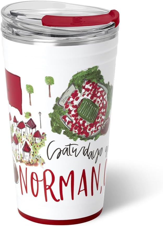 Swig Life 24oz Party Cup, Stackable Insulated Travel Coffee Tumbler with EZ Slider Lid, Cup Holder Friendly, Stainless Steel 24 oz Tumbler, Reusable Mug (Saturdays In Norman)