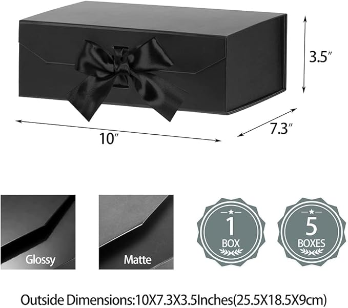 Matte Black Gift Box with Lids - 10x7.3x3.5 Inches, Decorative Groomsman Box with Ribbon, Magnetic Closure, Perfect for Graduations