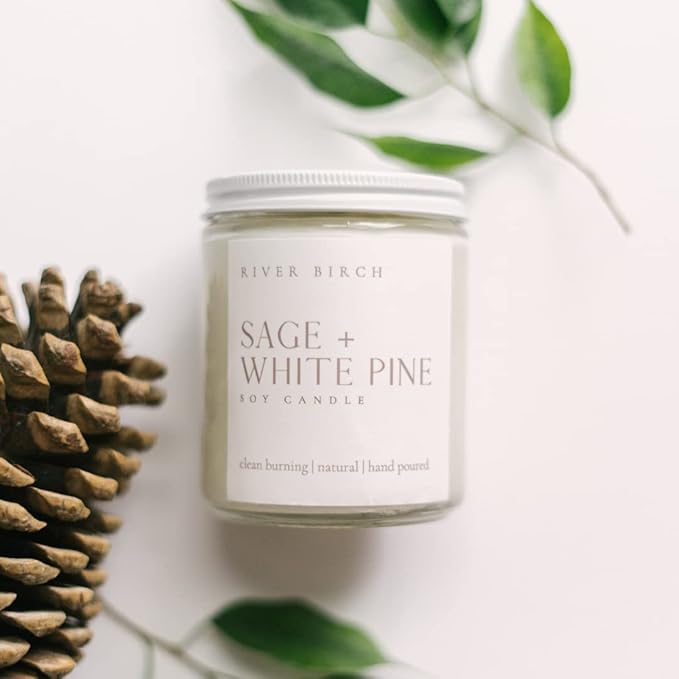 River Birch Candles Sage & White Pine Scented Candle | Premium, All-Natural, Non-Toxic, Soy Candles | 8.5oz 40 Hr Burn Time | Cozy Relaxing Gifts for Home