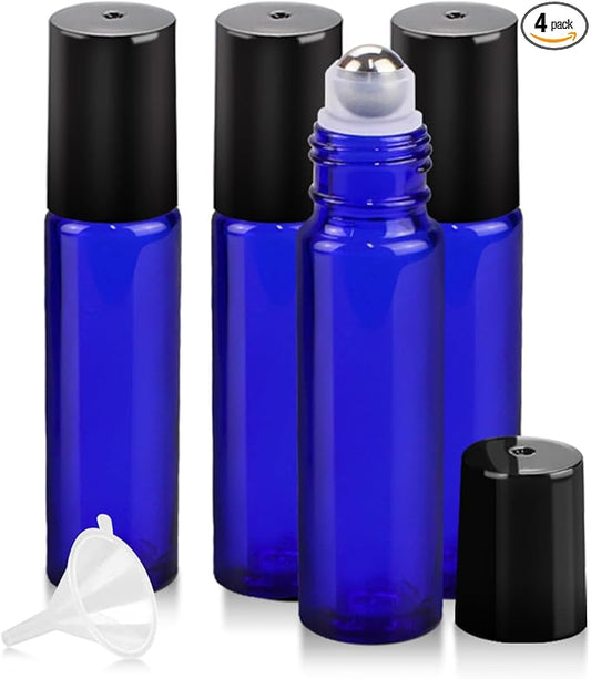 4 Pack Essential Oil Roller Bottles, 10ml Refillable Blue Glass Roller Bottles with Stainless Steel Roller Balls and Caps for Travel, Perfume and Lip Gloss