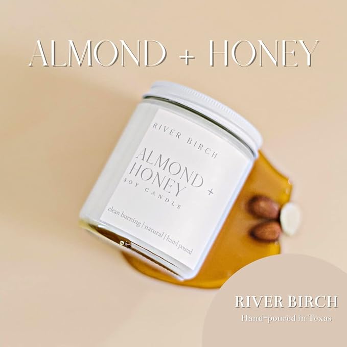 River Birch Candles Almond + Honey Scented Candle | Premium, All-Natural, Non-Toxic, Soy Candles | 8.5oz 40 Hr Burn Time | Cozy Relaxing Gifts for Home