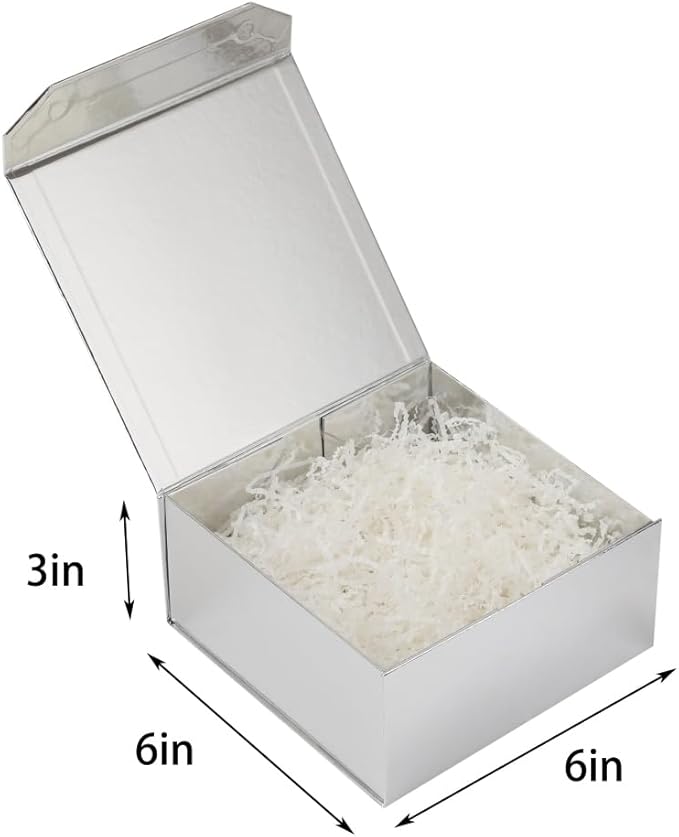 1 Pcs 6x6x3 Inch Silver Magnetic Gift Box with Crinkle Paper Silver Small Gift Box with Shredded Paper Luxury Gift Boxes with Lids for Presents