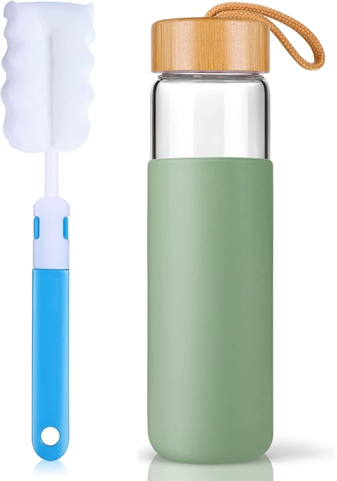 20 Oz Borosilicate Glass Water Bottles with Silicone Sleeve BPA Free, Dishwasher Safe - Reusable Clear Glass Drinking with Leak Proof Bamboo Lid | Perfect Gym Water Bottles for Men & Women