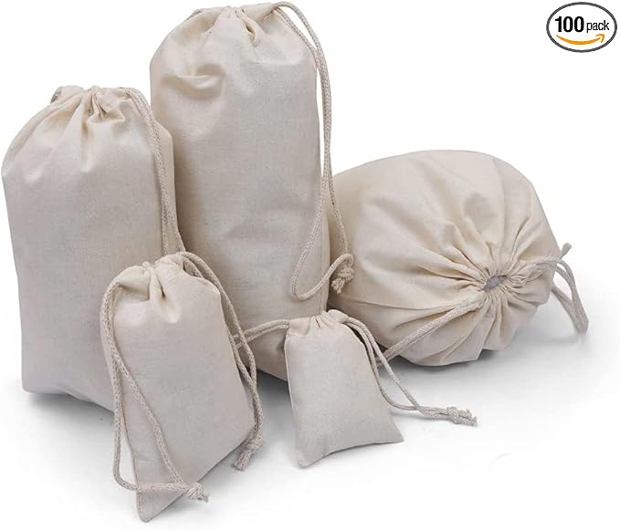 100Pcs 10 x 12 Inches Premium Cotton Muslin Double Drawstring Bags, Reusable Bag Natural Cotton Bags with Drawstring Produce Bags Bulk Gift Bag Jewelry Pouch for Party Wedding Home Storage
