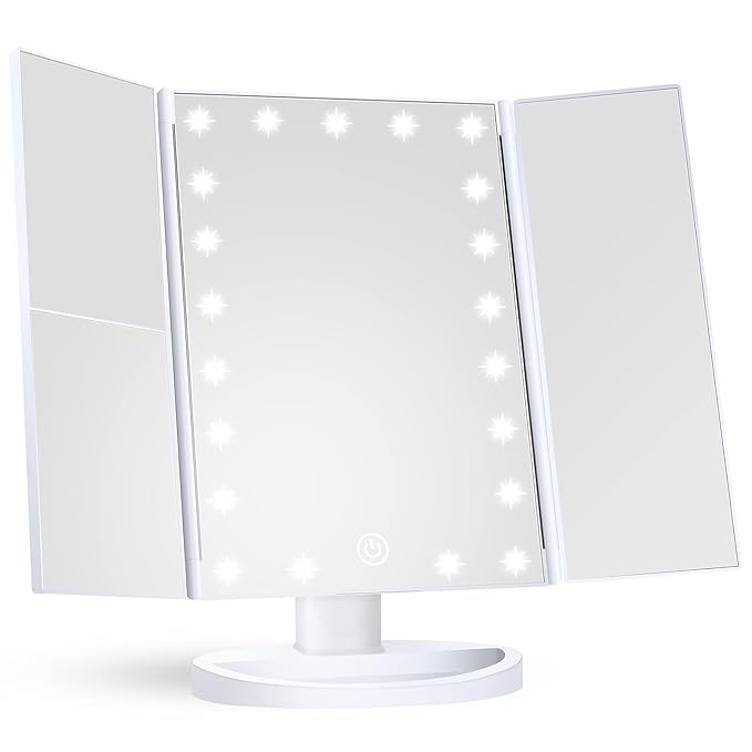 HUONUL Makeup Mirror Vanity with Lights, 2X 3X 10X Magnification, Touch Control, Trifold Mirror, Dual Power Supply, Gifts for Women, Wife, Mom, Teengirls(White)