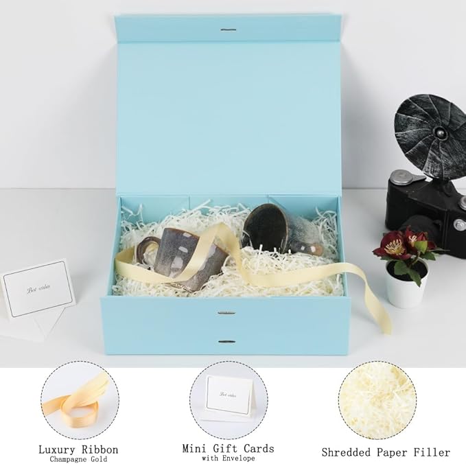 BoxSkivra Large Gift Boxes with Lids 5 Pack 13X9X4 Inch Large Blue Gift Box with Ribbon Christmas Gift Box Foldable Gift Boxes for Presents、Graduation、Birthdays，Shredded Paper Filler & Cards
