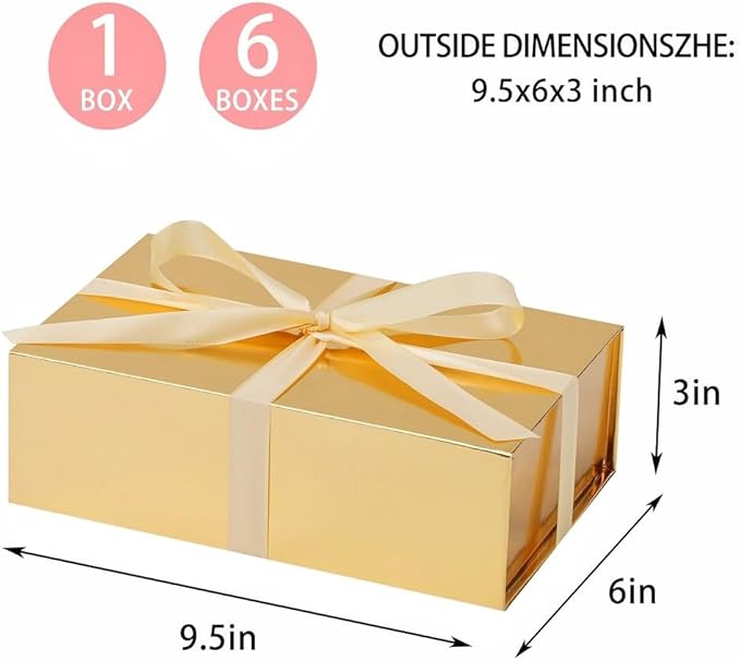 UoeRing 1 Pcs Gold Gift Box 9.5x6x3 inch Small Luxury Gift Box for Presents with Magnetic Lid Collapsible,Birthday,Christmas,Contains Card, Ribbon, Tissue Paper,Shredded Paper Fille
