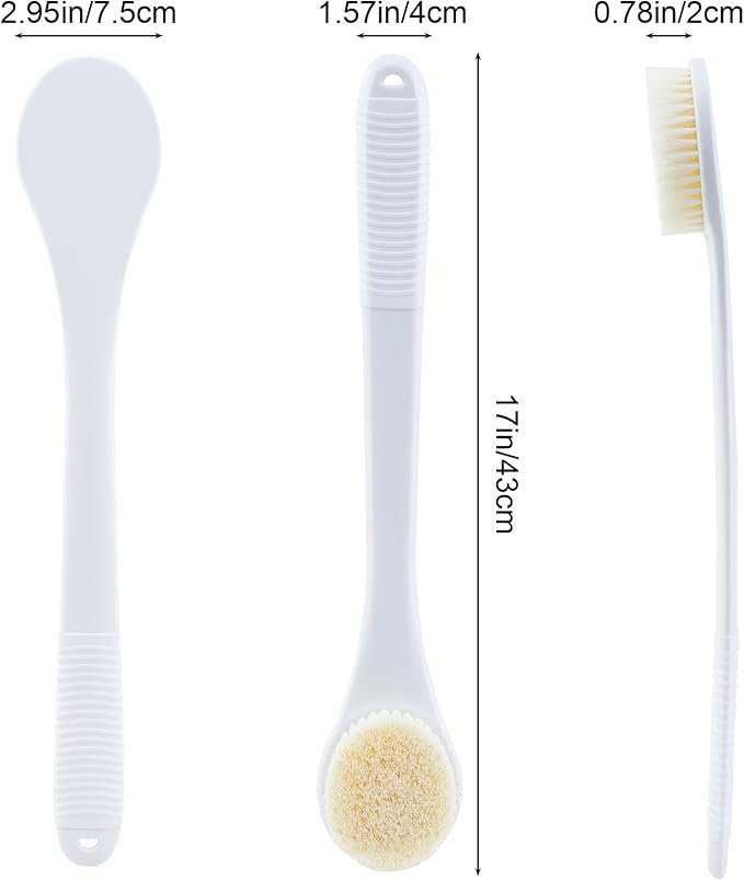 Back Scrubber for Shower, Shower Body Brush for Cleaning with Long Handle for Showering, 17 Inch Back Washer Exfoliator for Shower Men Women with Non-Slip Handle, Adhesive Hook (White)