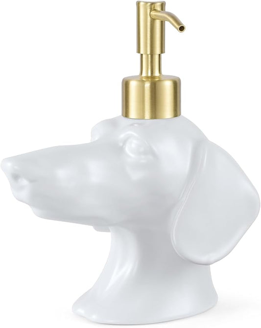 Dachshund Dog Shaped Soap/Lotion/Hand Sanitizer Weiner Ceramic Stainless Steel Pump Dispenser Gift for Dog Lover, Refillable for Kitchen and Bathroom (White)