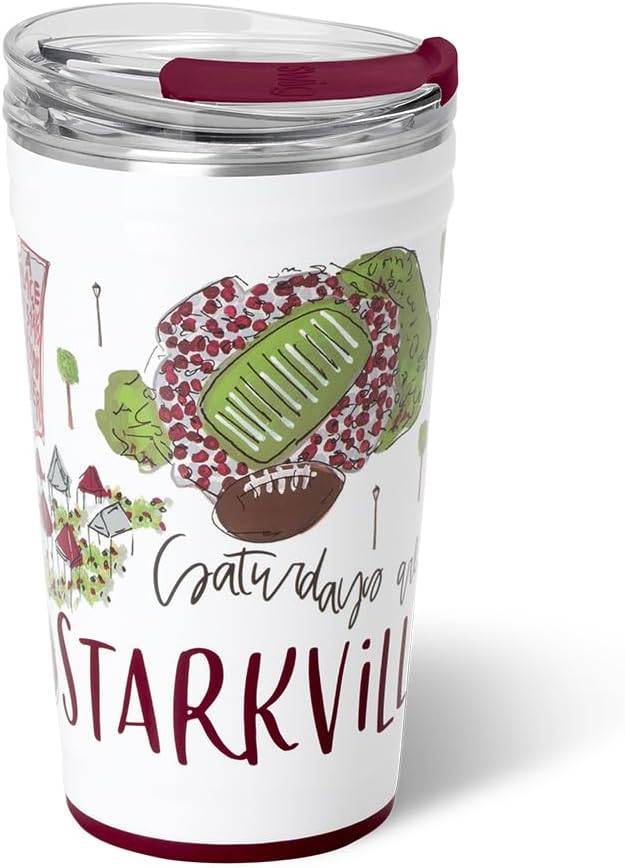 Swig Life 24oz Party Cup, Stackable Insulated Travel Coffee Tumbler with EZ Slider Lid, Cup Holder Friendly, Stainless Steel 24 oz Tumbler, Reusable Mug (Saturdays In Starkville)