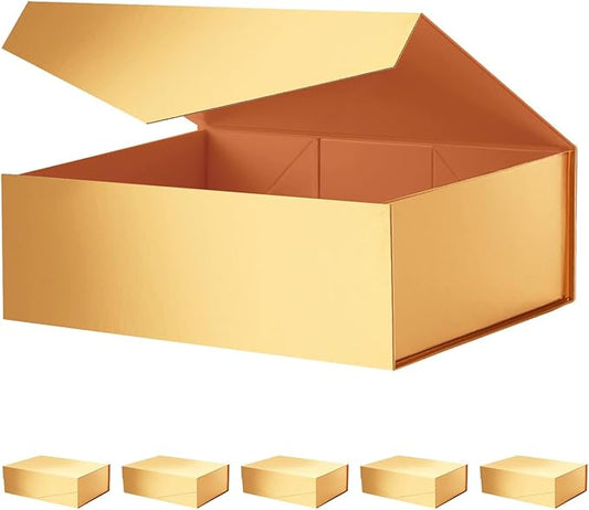 Large Gold Collapsible Gift Boxes with Magnetic Closure Lids 13.5x9x4.1 Inches, Bridesmaid Proposal Boxes for Presents (Glossy Gold, 6 Pack)