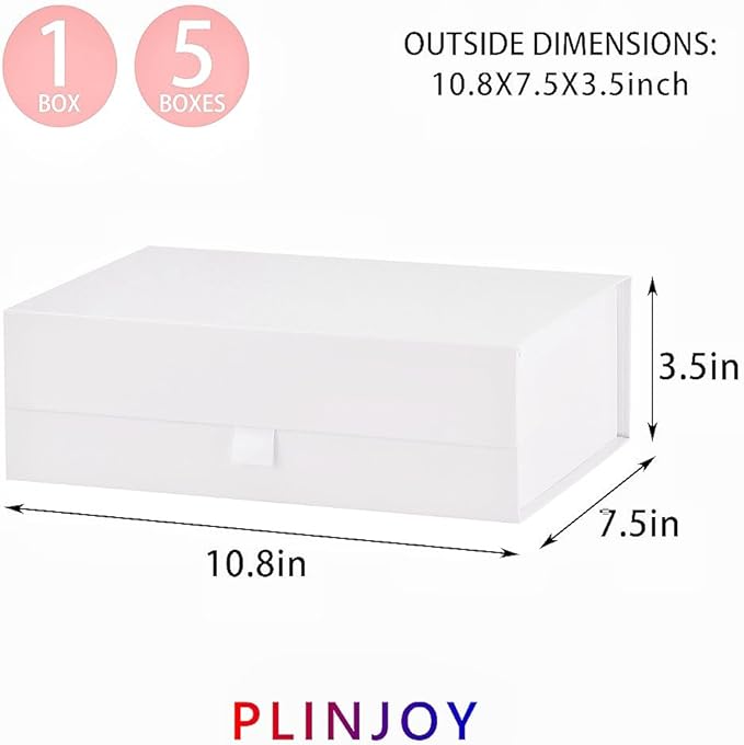 5 Pcs White Gift Box for Presents 10.8x7.5x3.5 Inches Magnetic Gift Boxes with Lid Luxury Gift Box for Rectangle Collapsible for Bridesmaid, Wedding, Birthday Gift Packging