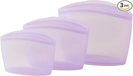 Blue Ginkgo Reusable Silicone Storage Bags – 3-Pack | Korean-Made Stand Up Food, Freezer Bags - Lavender