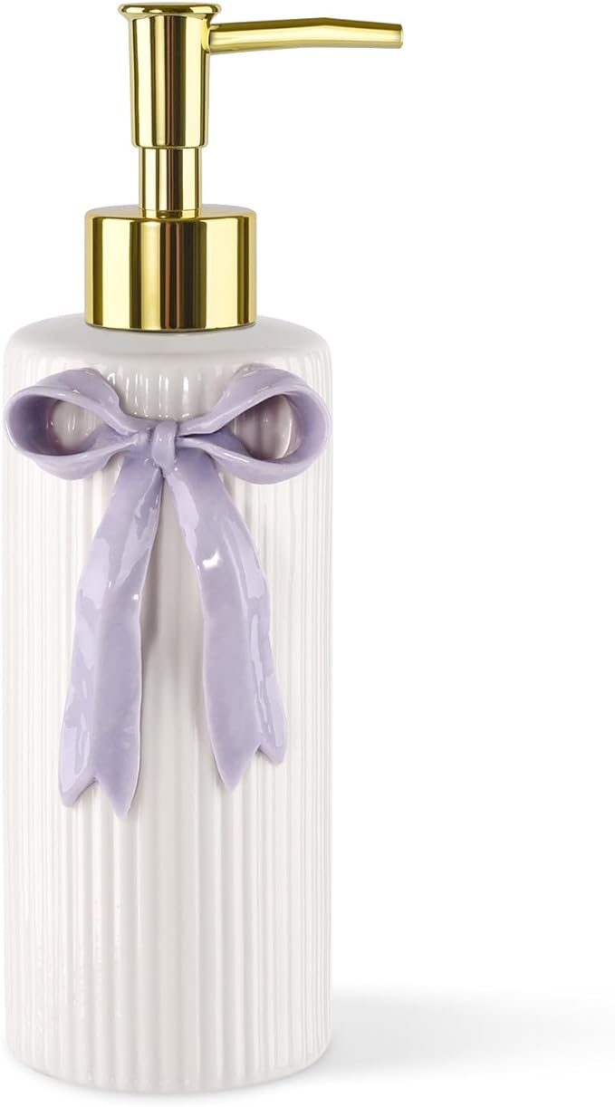 Handmade Ceramic Bow Soap Pump Dispenser Hand Lotion Liquid Dispenser Refillable for Kitchen and Bathroom Decorative (Ribbon Lavender)
