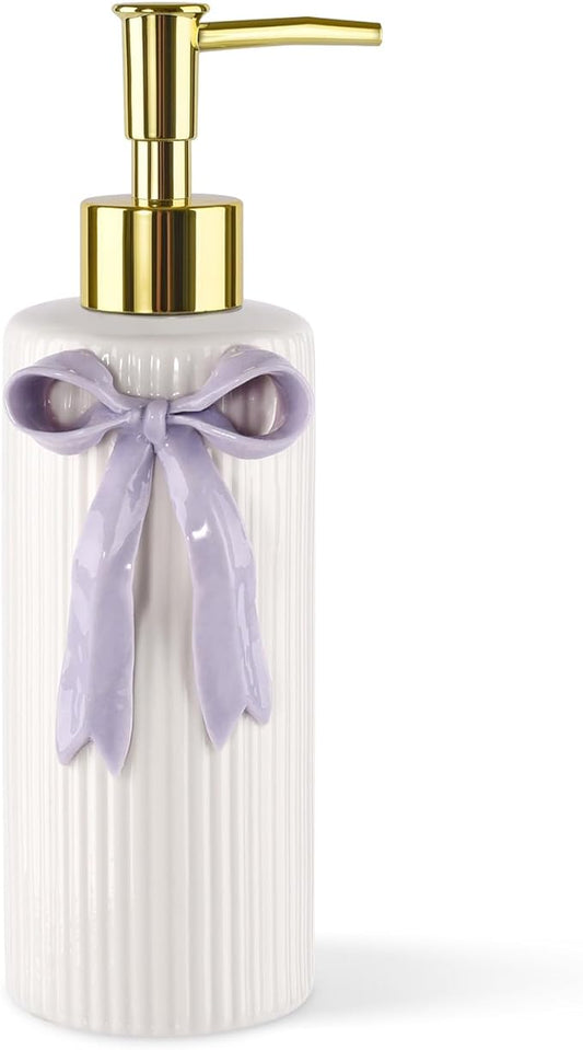 Handmade Ceramic Bow Soap Pump Dispenser Hand Lotion Liquid Dispenser Refillable for Kitchen and Bathroom Decorative (Ribbon Lavender)
