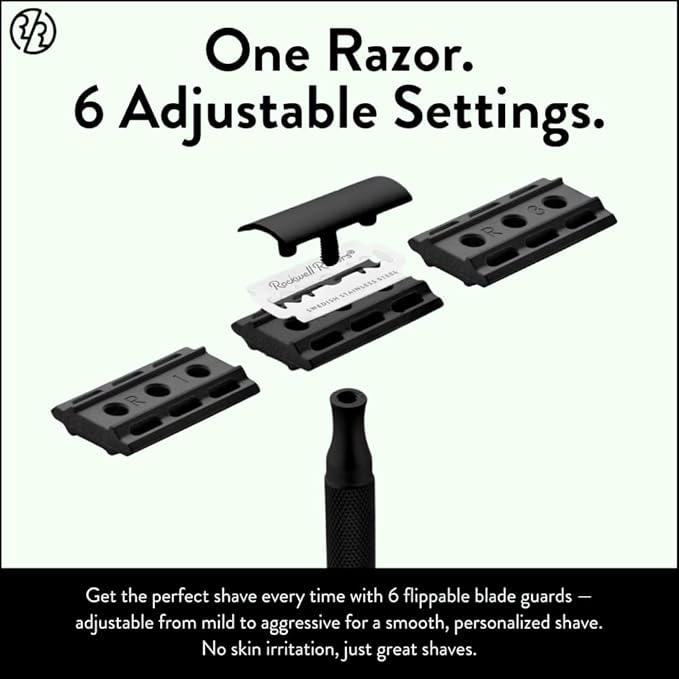 Rockwell Razors 6S Black Stainless Steel Safety Razor. Adjustable Single Blade Razor With 6 Shave Settings and 5 Recyclable Blades. Custom Shaves For Men and Women. Reduces Razor Burn and Irritation.