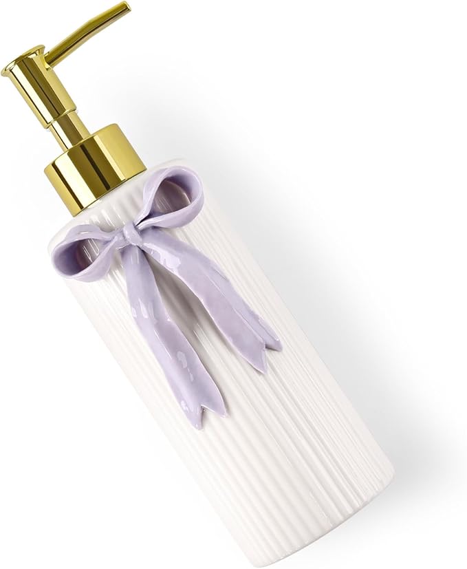 Handmade Ceramic Bow Soap Pump Dispenser Hand Lotion Liquid Dispenser Refillable for Kitchen and Bathroom Decorative (Ribbon Lavender)