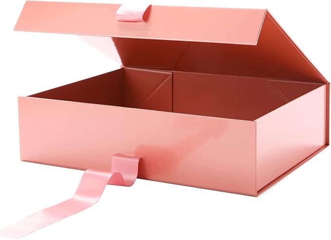 GREEN BEAN Large Gift Box with Lid for Presents 13x9.7x3.4 Inches, Gift Box Rose Gold Magnetic with Ribbon, Bridesmaid Proposal Box Luxury (Glossy Rose Gold)