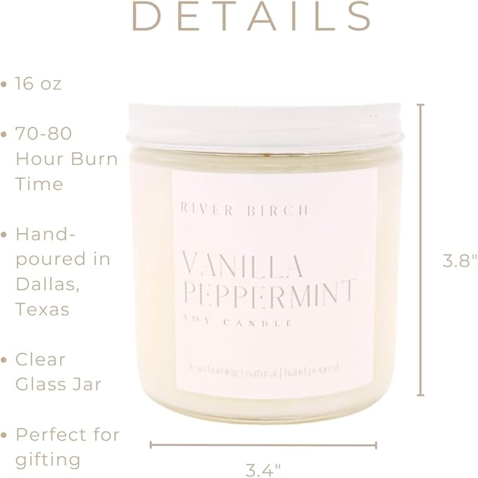 River Birch Candles Vanilla Peppermint Scented Candle | Premium, All-Natural, Non-Toxic, Soy Candles | 16oz 90 Hr Burn Time | Cozy Relaxing Gifts for Home