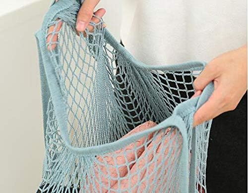 6 Pack Portable,Reusable,Reusable Produce Bags,Washable Cotton Mesh String Organic Organizer Shopping Handbag Long Handle Net Tote (grey blue,Black,Beige,Pink,Purple,Yellow)