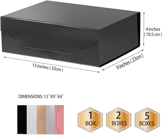 2 Black Large Collapsible Gift Box with Lid 13x9x4 Inches, Bridesmaid Proposal Box, Hard Box with Magnetic Closure, Groomsman Box Reusable Gift Box for Clothes (Glossy Black)