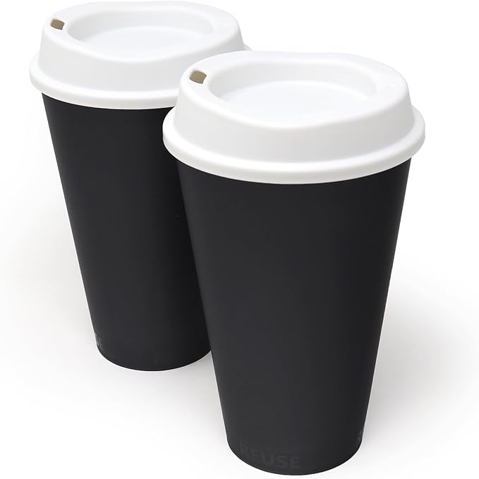 Rolling Sands USA Made 16 oz Reusable Coffee Cups with Lids 2 Pk, To Go Travel Cups, Hot or Cold Drinks, Dishwasher and Microwave Safe, Black Cups, White Lids