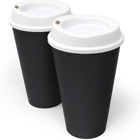 Rolling Sands USA Made 16 oz Reusable Coffee Cups with Lids 2 Pk, To Go Travel Cups, Hot or Cold Drinks, Dishwasher and Microwave Safe, Black Cups, White Lids