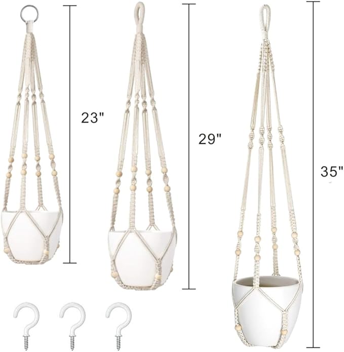 3 Pack Macrame Plant Hanger,Hanging Plant Holder, Boho Home Decor Hanging Basket with Wood Beads,Hanging Planters for Indoor Plants,Plant Hanger Indoor 35"/29"/23" Ivory (POTS NOT Included)