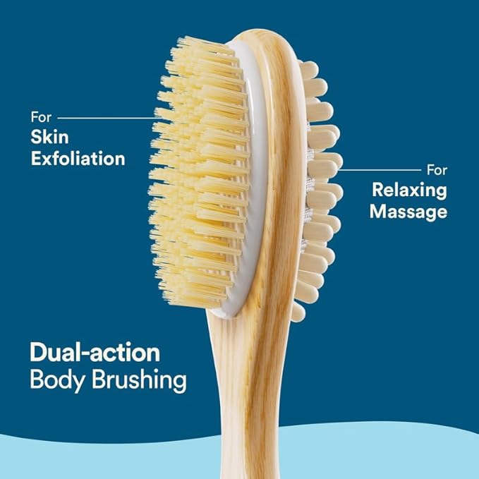 Bloom 2-in-1 Long Handle Body Brush | 1 Unit | for Skin Exfoliation and Massage | Reduces Cellulite | Stimulates Blood Circulation & Reduces Dead Skin Cells | Natural, Soft Bristles