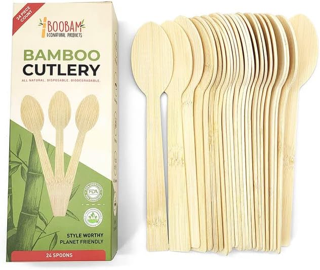 Boobam Econatural Products Bamboo Utensils - Natural Disposable Wooden Cutlery for Party, Eating, Camping, Picnic, Wedding, Birthday - Eco-Conscious Plant-Based Compostable Spoons - Box of 24 Pieces
