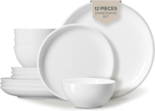 ONEMORE Plates and Bowls Set for 4 - Microwave & Dishwasher Safe Porcelain Dinnerware Set Service for 4 - Ceramic Dishes Set(12 Pcs) - White