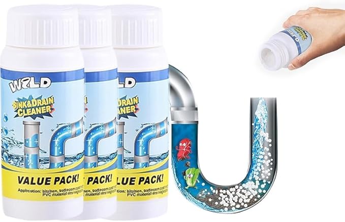Wild Sink and Drain Cleaner Powder | Rapid-Foam Fast-Acting Pipe Declogger for Kitchen, Bathroom, Toilet, Shower Drain Maintenance | Powerful Foaming Cleaner (3.88oz/110g, Count, 3)