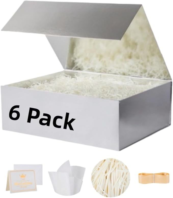 UoeRing 6 Pack Silver Gift Box 11.5x8x4 inch Luxury Gift Box for Presents with Magnetic Lid Collapsible,Bridesmaid Proposal,Contains Card, Ribbon, Tissue Paper,Shredded Paper Fille