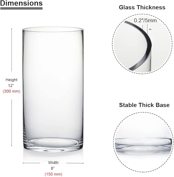 Enova Floral Cylinder Glass Vase - 6 x 12 Inches Round Large Flower Vase, Tall Pillar Candle Holder for Floating Candles and Flowers, Wedding Centerpiece (1 Piece)