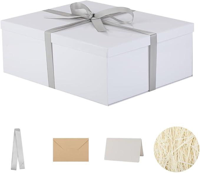 Extra Large Gift Box with Lid 17x13x6 Inches, White Gift Boxes for presents Packaging for Birthdays, Valentine's Day, Christmas, Anniversaries (Include Shredded Paper Fill, Envelope Card Ribbon)