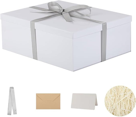 Extra Large Gift Box with Lid 17x13x6 Inches, White Gift Boxes for presents Packaging for Birthdays, Valentine's Day, Christmas, Anniversaries (Include Shredded Paper Fill, Envelope Card Ribbon)