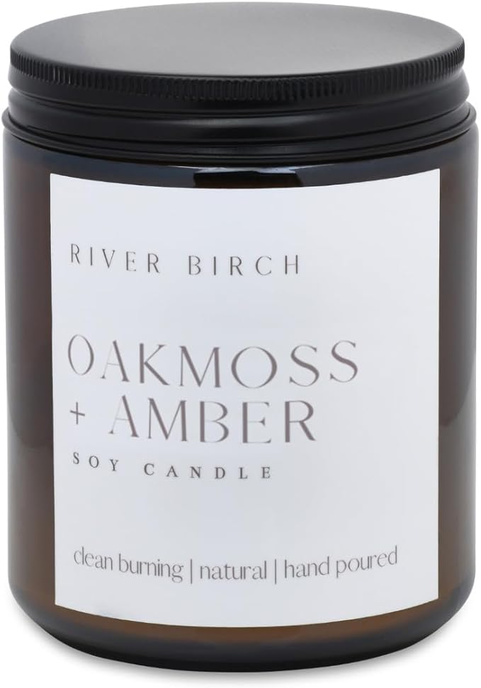River Birch Candles Oakmoss + Amber Scented Candle | Premium, All-Natural, Non-Toxic, Soy Wax, Amber Jar | 8.5oz 40 Hr Burn Time | Cozy Relaxing Gifts for Home