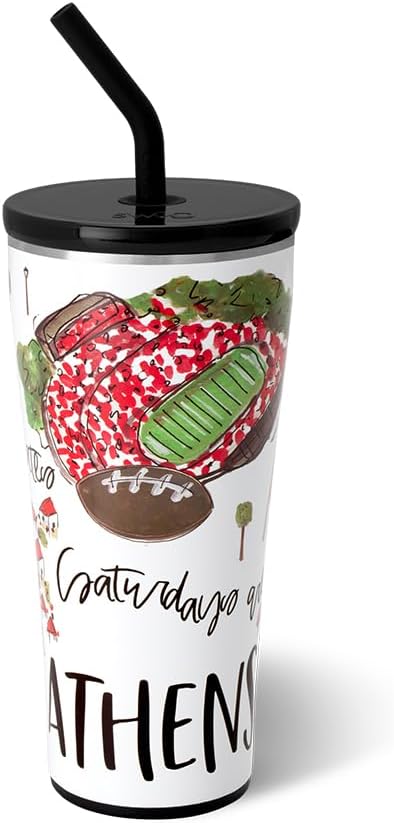 Swig Life 32oz Straw Tumbler, Travel Coffee Tumbler with Lid, Cup Holder Friendly Travel Coffee Mug, Stainless Steel, 32 oz Reusable Insulated Coffee Mug (Saturdays In Athens)
