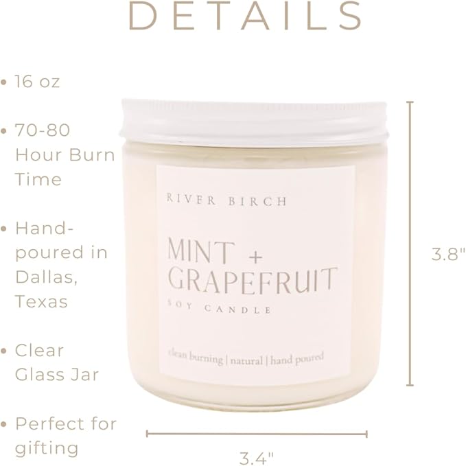 River Birch Candles Mint & Grapefruit Scented Candle | Premium, All-Natural, Non-Toxic, Soy Candles | 16oz 90 Hr Burn Time | Cozy Relaxing Gifts for Home