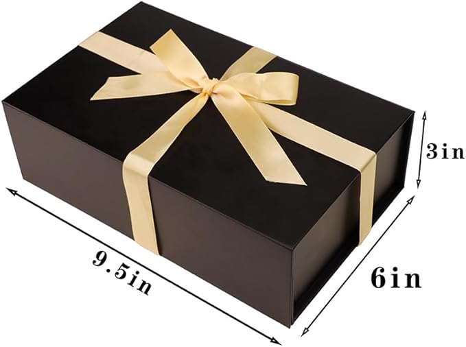UoeRing 1 Pcs Black Gift Box,9.5x6x3 Magnetic Gift Box for Presents with Lids Rectangle Collapsible for Bridesmaid Proposal Box,Wedding,Christmas,Birthday Gift Packging with Ribbon Card Envelope