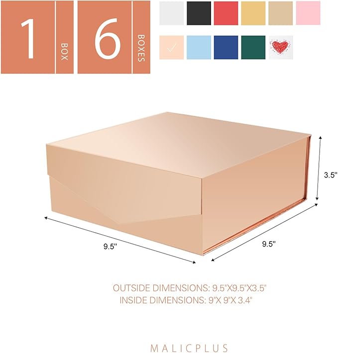 Gift Box with Lid 9x9x3.4 Inches, Rose Gold Bridesmaid Proposal Box with Magnetic Closure for All Occasion (Glossy Rose Gold)