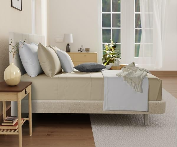 300TC 100% Organic Cotton Twin XL Size Sheets Set, XL Twin Bed Sheets Luxury Hotel Collection Fully Elasticated Sheet & Pillowcase Sets, Machine Washable No Pill Fade Resistant-Tan