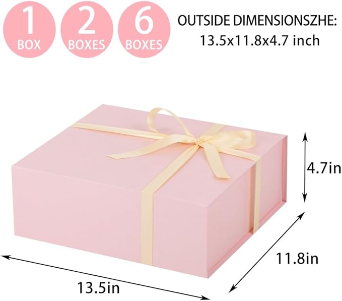 UoeRing 6 Pack Pink Gift Box Large 13.5x11.8x4.7 inch Luxury Bridesmaid Proposal Box for Presents with Magnetic Closure Lid Collapsible,Contains Card, Ribbon, Tissue Paper,Shredded Paper Filler