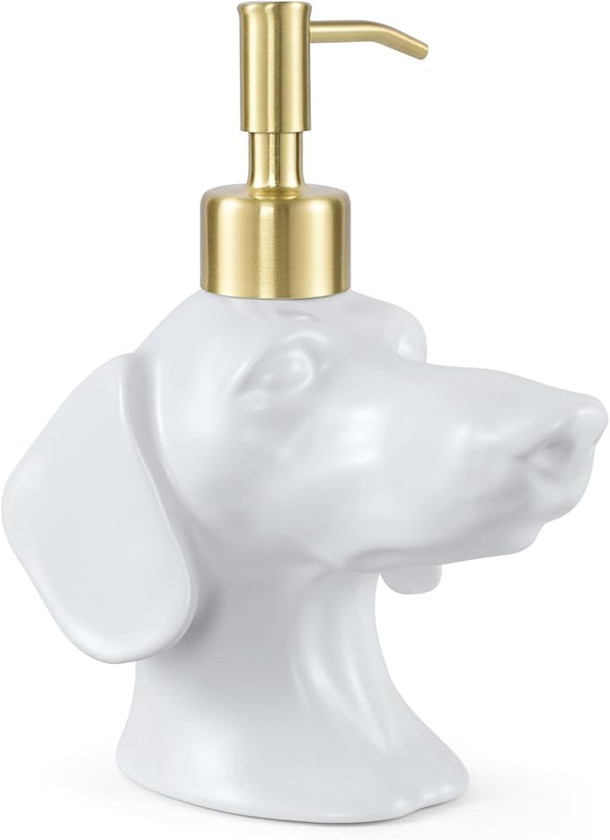 Dachshund Dog Shaped Soap/Lotion/Hand Sanitizer Weiner Ceramic Stainless Steel Pump Dispenser Gift for Dog Lover, Refillable for Kitchen and Bathroom (White)