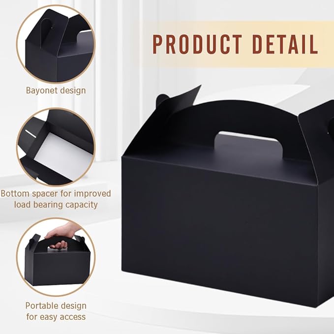 xiepipipaper 12Pack Large Party Favor Boxes,Black Treat Boxes, (9.45 * 5 * 5"),Large Goodie Boxes, Gable Gift Boxes with Handles,Candy Boxes for Kids Birthday Baby Shower Wedding Halloween Christmas.