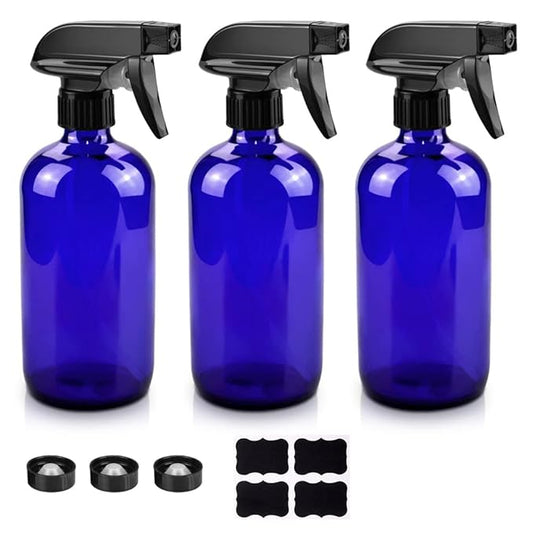 Glass Spray Bottles, 16oz Blue Glass Spray Bottles with Labels & Adjustable Nozzle, Reusable Containers for Cleaning, BBQ, Food, Plants, Alcohol, Essential Oils(3 Pack)