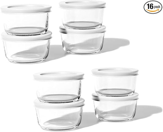 DURA LIVING 16-Piece Glass Food Storage Containers Set (8 Containers + 8 BPA-Free Lids) | 7-Ounce, Leakproof | Microwave, Freezer, Oven & Dishwasher Safe | Ideal for Meal Prep & Pantry Organization