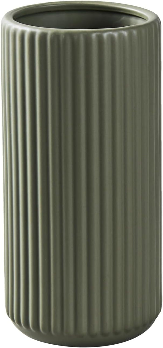 Green Ceramic Flower Vase for Pampas Grass, 8 inch Small Decorative Centerpiece Ribbed Vase for Dining Table, Office Desktop, Shelf Bookshelf, Mantel, Entryway, Bathroom, Countertop, Farmhouse, Gift